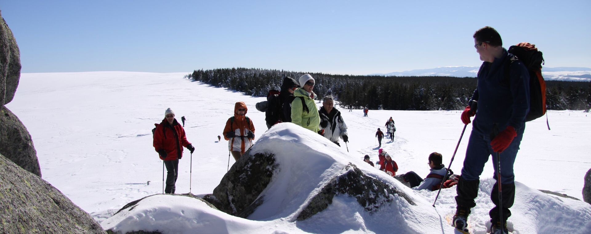 Escursionisti con le ciaspole su un altopiano innevato - Cévennes - Francia