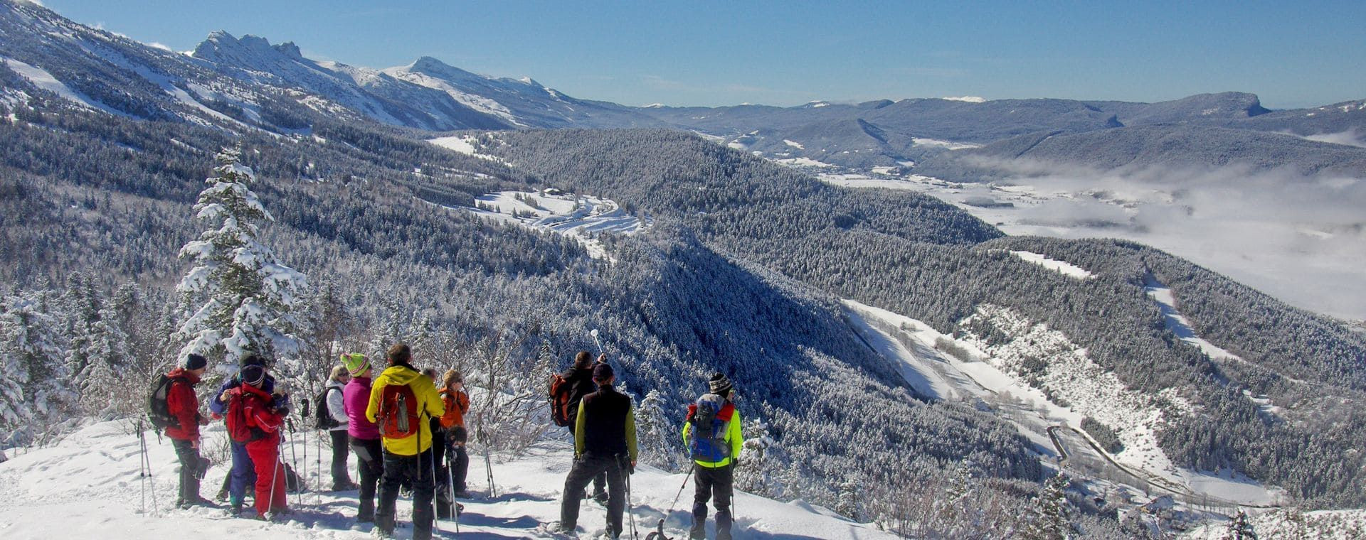 © Éric Charron Gruppo di escursionisti con le racchette da neve davanti al massiccio innevato - Vercors - Francia