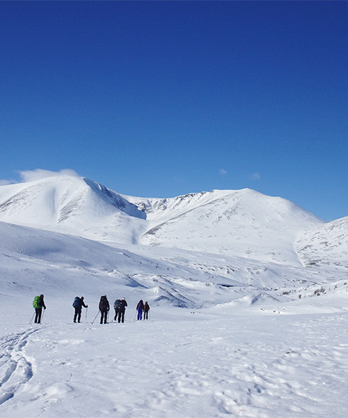 Gruppo in escursione invernale su un altopiano montano innevato