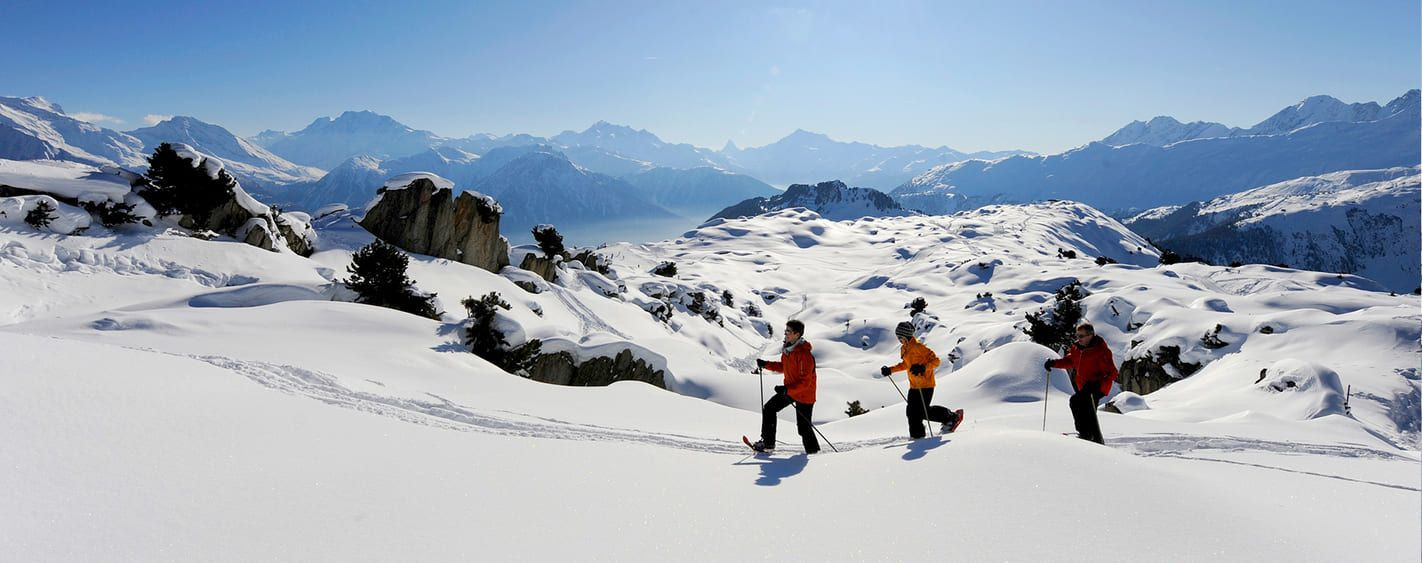 Gruppo con le racchette da neve di fronte al ghiacciaio dell’Aletsch - Vallese - Svizzera