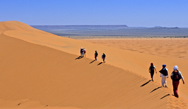 Escursionisti su una duna di sabbia dorata - Deserto del Sahara - Marocco