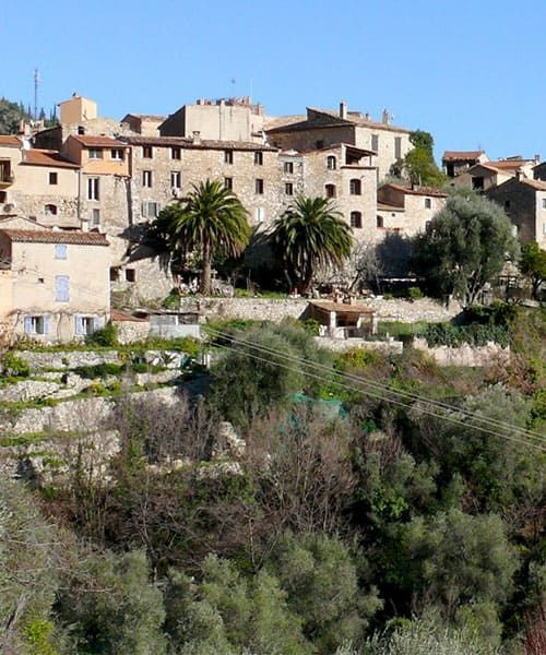 Villaggio arroccato di Gorbio con case in pietra e palme - Costa Azzurra - Francia