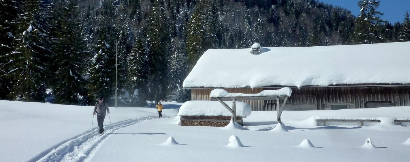 Escursione con le ciaspole vicino a un fienile innevato - Bregenzerwald - Austria