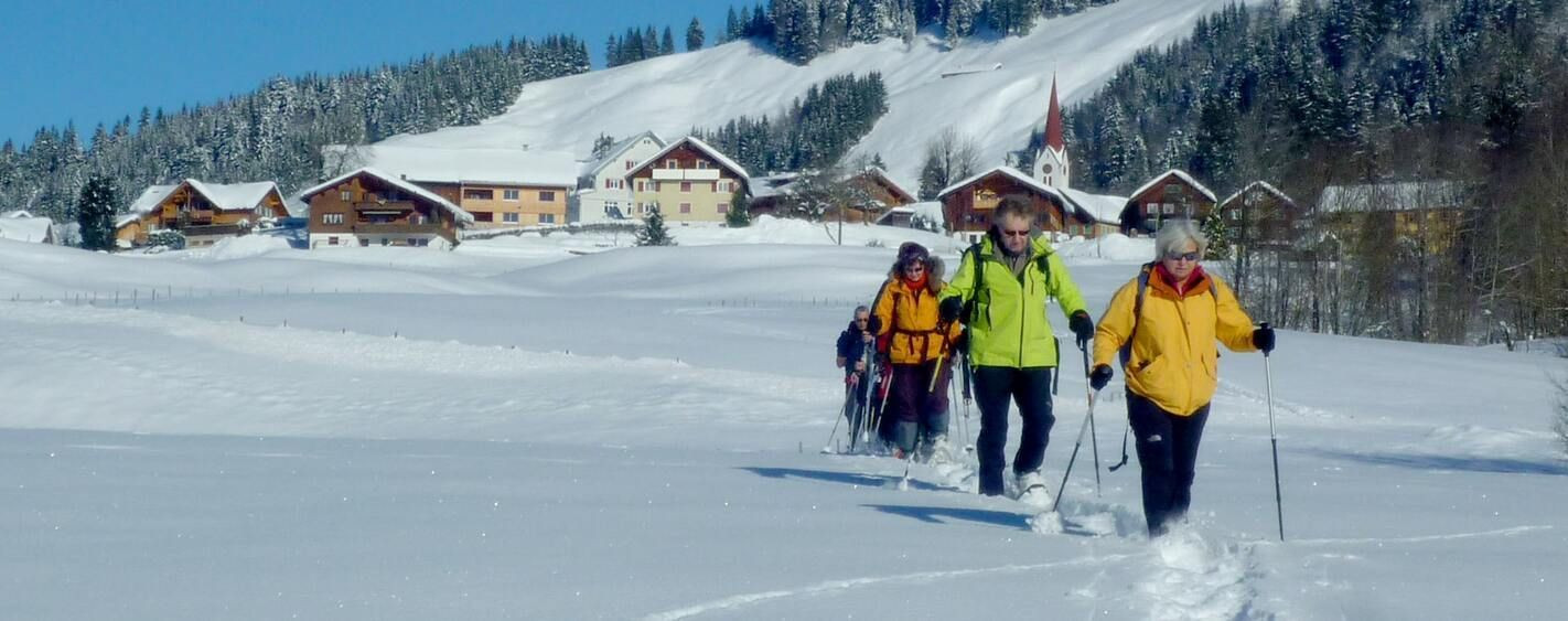 Escursionisti con le ciaspole vicino a un villaggio - Bregenzerwald - Austria