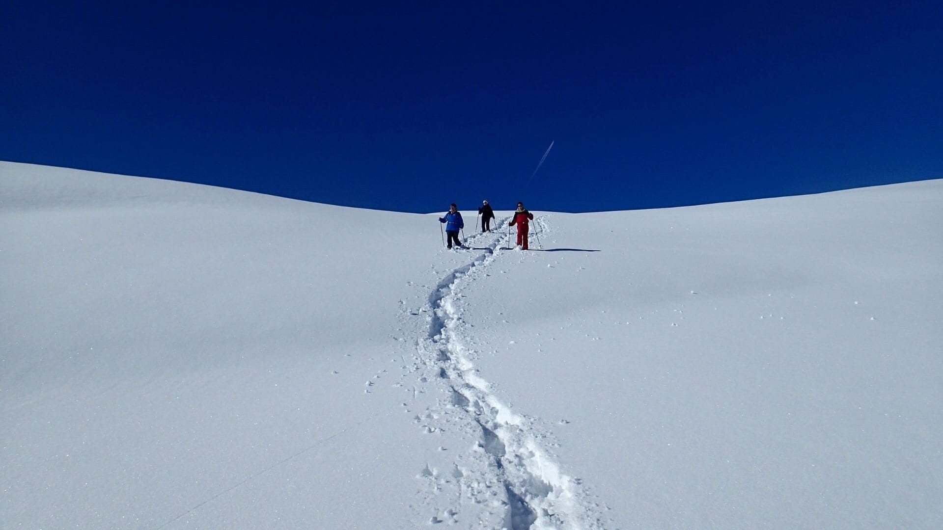 Ciaspolatori su una dorsale innevata sotto il cielo blu - Tarentaise - Savoia - Francia