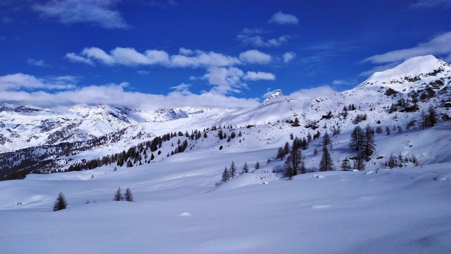Panorama de montagnes enneigées sous un ciel bleu - Alpes