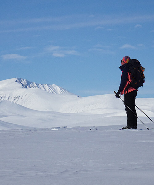 Sciatore nordico solitario su un altopiano artico innevato