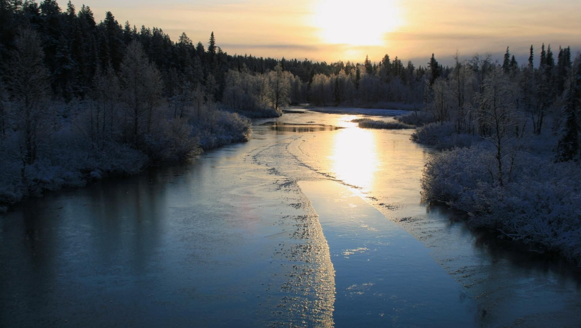 Tramonto sul fiume e sulla foresta boreale brinata - Lapponia - Finlandia
