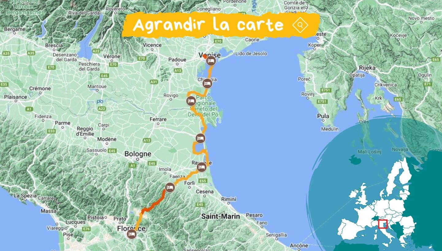 Carte de l'itinéraire à vélo de Venise à Florence - Italie